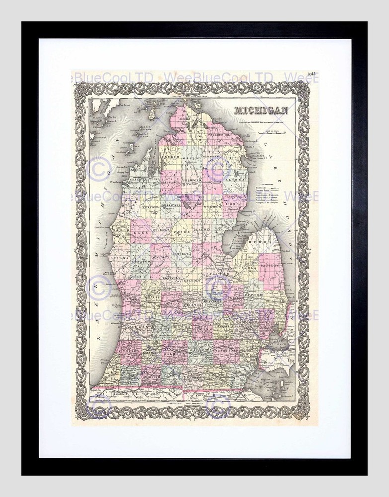 86363 1855 COLTON MAP MICHIGAN VINTAGE BLACK FRAME Decor Wall Print Poster
