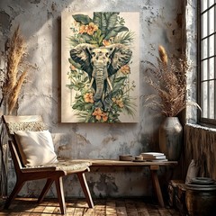 Wall Art Elephant Tropical Leaves Flowers Botanical Wildlife Canvas Print Decor