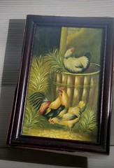 Vtg Rooster Chickens Farm Life Oil Painting on Canvas Frame 30X20.5″ Art 25X16″