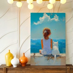 Wall Art Girl and White Cat Ocean View Canvas Print Coastal Blue Sky Painting
