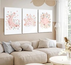 3Pcs Framed Pink Wildflower Wall Art Sun Moon Canvas Posters Prints Bohemia p…
