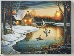 Lighted LED Winter Cabin Canvas Wall Art With Ducks Over Small Lake. New