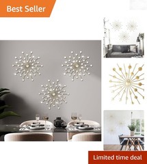 3 Pcs Gold Starburst Wall Art Decor 18in Metal with Rhinestones Set