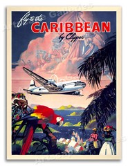 Fly to the Caribbean 1940s Vintage Style Tropical Parrot Travel Poster – 24×32