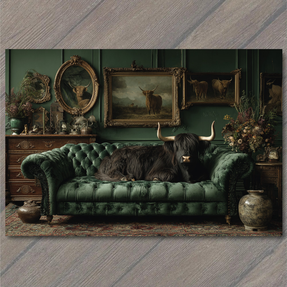 Art Print Highland Cow On Velvet Sofa Elegant Farmhouse Western Rustic Humor Gre