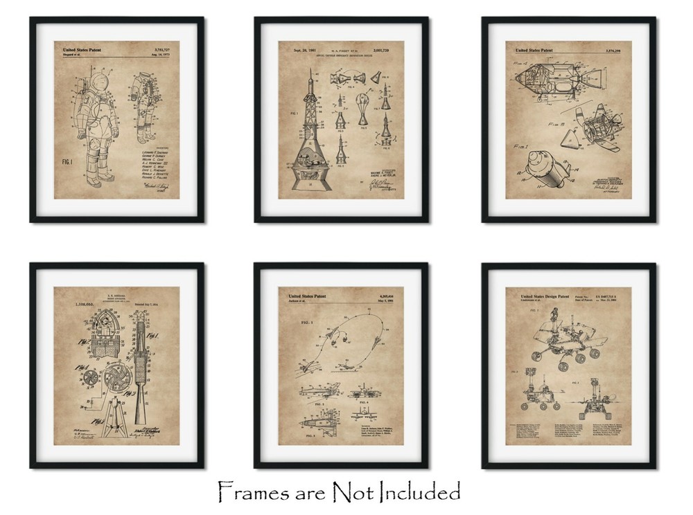 6 Outer Space Patent Prints (8″x10″) – Great Gift for Engineers – Wall Art Decor