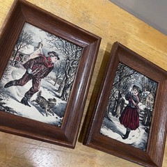 Vtg Kay Dee Handprints Framed Linen Art Pair Winter Boy Girl Americana Decor