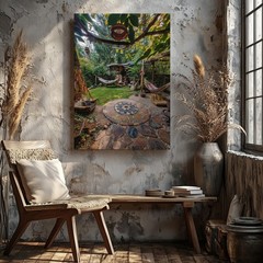 Bohemian Garden Patio Canvas Wall Art Hammocks Outdoor Relaxation Decor Print