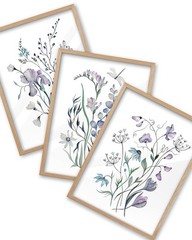 Natural OAK Wood Framed Blue Floral Wall Art, 12×16 in Set of 3 Colorful Wild…