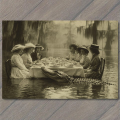 Art Print Edwardian Ladies Tea Table Swamp Alligator Surreal Gothic