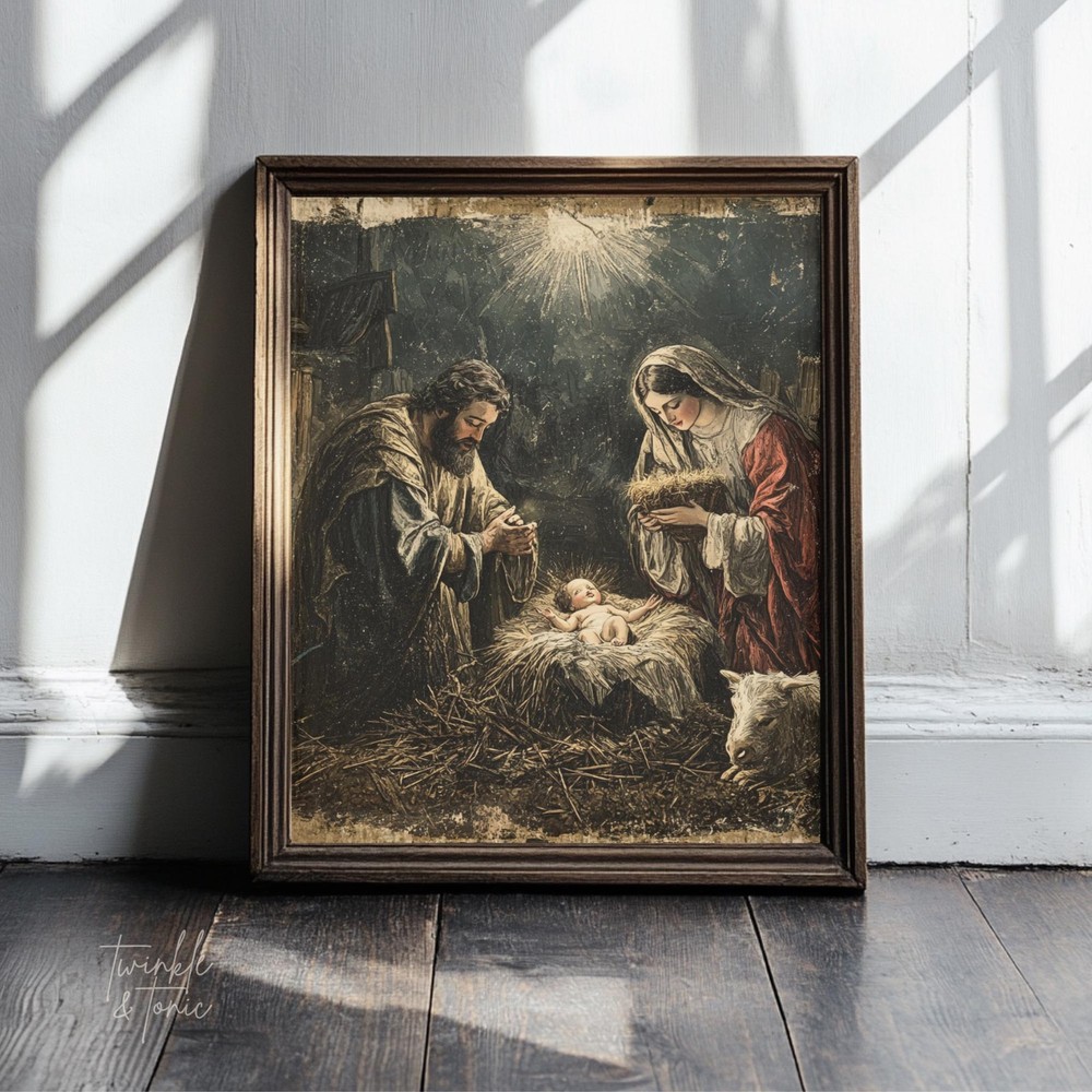 Nativity Scene Poster, Jesus Canvas Wall Art, Religious Christmas Print Decor