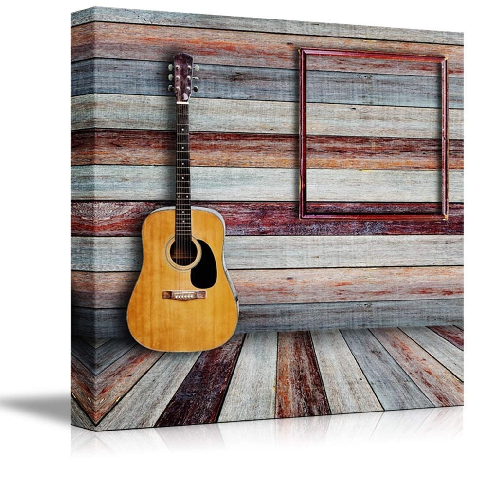 Canvas Prints – Guitar and Picture Frame in Vintage Wood room – 16″ x 16″
