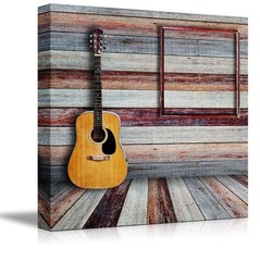 Canvas Prints – Guitar and Picture Frame in Vintage Wood room – 16″ x 16″