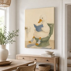Funny Duck Reading Book on Toilet Canvas Print Whimsical Bathroom Wall Art