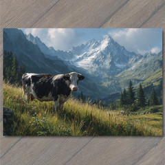 Art Print Cow Grazing Alpine Meadow Snowy Mountains Rustic Farm Landscape Peacef