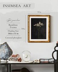 Gold Bamboo Framed Canvas Wall Art, Retro Dark Dried Wildflower Botanical Pai…