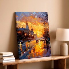 Wall Art City Street Sunset Painting Rainy Urban Landscape Canvas Print Decor