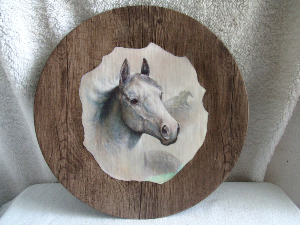 RUANE MANNING Faux Wood Wall Hanging Horse Picture 13″ Diameter (Plastic Frame)