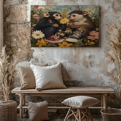 Cute baby monkeys with colorful sneakers and flowers canvas wall art decor print