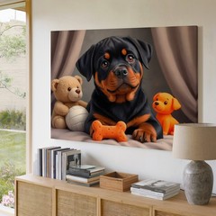 Adorable Rottweiler Puppy with Toys Canvas Wall Art Dog Print for Home Decor