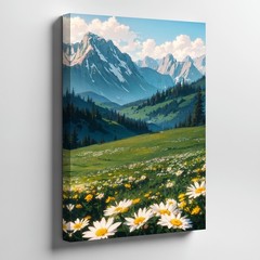 Mountain Landscape Canvas Wall Art Daisies Meadow Alpine Scene Nature Print