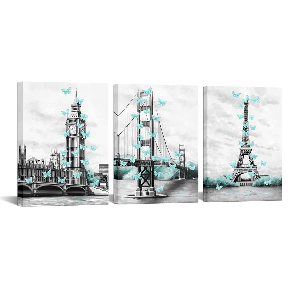 Teal and Grey Bathroom Decor Paris Eiffel Tower Wall Art Big Ben Golden Gate …