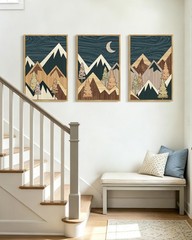 Morden Mountains Framed Wall Art 16x24in Boho Woodcut Pine Tree Forest Nature…