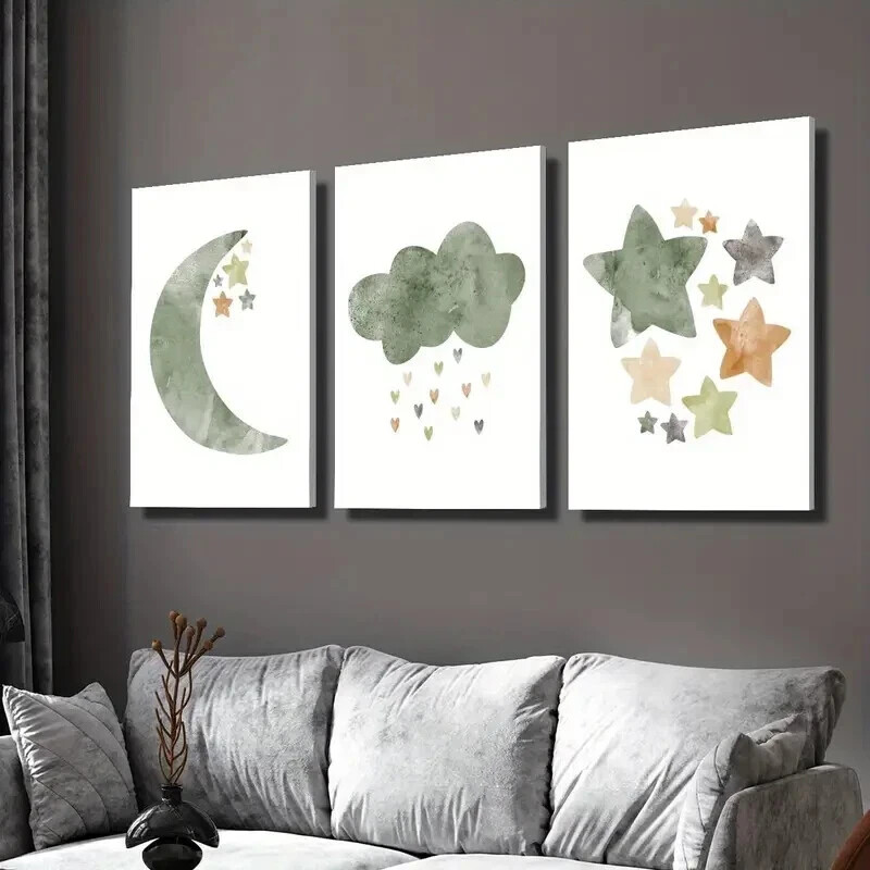 3pcs Light Green Illustration Stars and Moon Wall Art Canvas Framed 50x70cm