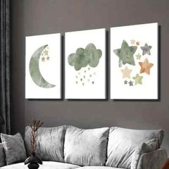 3pcs Light Green Illustration Stars and Moon Wall Art Canvas Framed 50x70cm