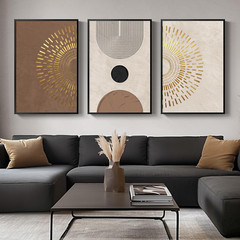 Framed Large Boho Canvas Wall Art for Living Room, Set of 3 Neutral and Gold Abs