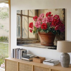 Red and Pink Geraniums in Pot by Window Canvas Wall Art Decor Print Canvas Print