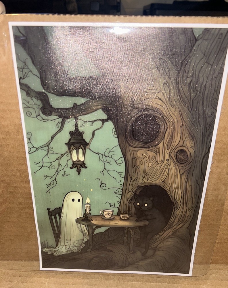 Ghost And Black Cat Dinner In The Dark Canvas Print No Frame 8×12 Inches