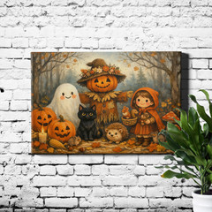 Scarecrow Black Kitten Pumpkins Ghostly Witch Framed Canvas Wall Art Decor