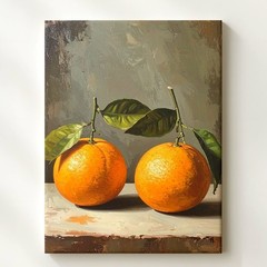 Twin Oranges Still Life Canvasclassical Oil Fruit Painting With Leaves Wall Art