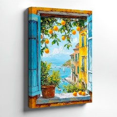 Wall Art Coastal Window View Orange Tree Mediterranean Seascape Canvas Print