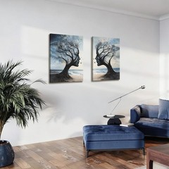 2 pcs Tree of Life Canvas Framed Wall Art Gothic Tree Painting Picture Surrea…