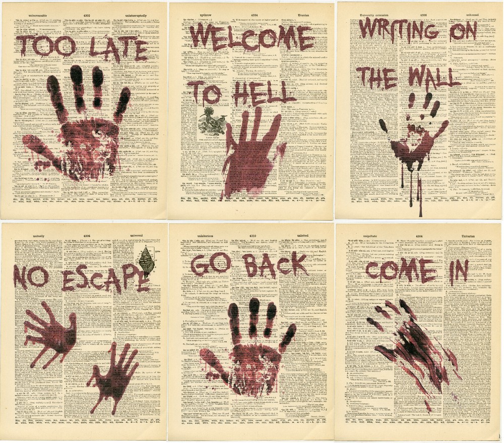 Set 6 Prints On Antique Dictionary Pages Halloween Scary Bloody Hands Wall Decor