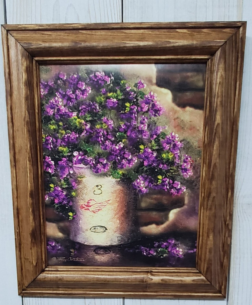 Farmhouse crock purple flowers Grandmacore stained wood 8×10 framed wall picture