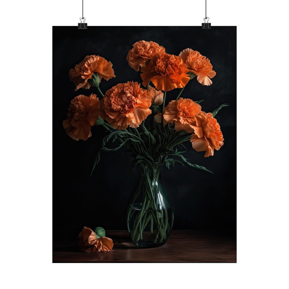 Orange Carnations Flower Art Print Poster, Flower Painting, Flower Décor