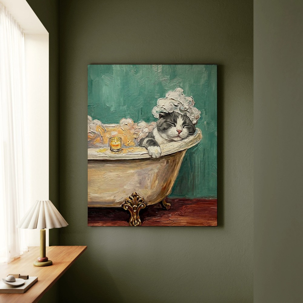 «Spa Day» – Grey & White Bicolor Vertical Canvas – Cat Lover Wall Art