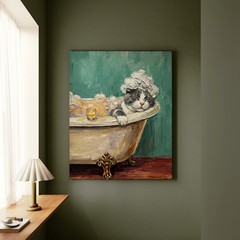 «Spa Day» – Grey & White Bicolor Vertical Canvas – Cat Lover Wall Art