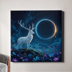 Stag under eclipse ring in moonlit landscape Art Print mystical wildlife scene