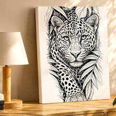 Wall Art Leopard Jungle Line Drawing Black White Wildlife Animal Print Decor