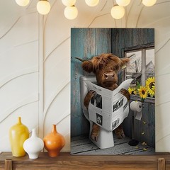 Rustic Highland Cow Reading Newspaper Canvas Wall Art Farmhouse Decor Print