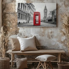 London Red Telephone Booth and Big Ben Black and White Canvas Wall Art Print