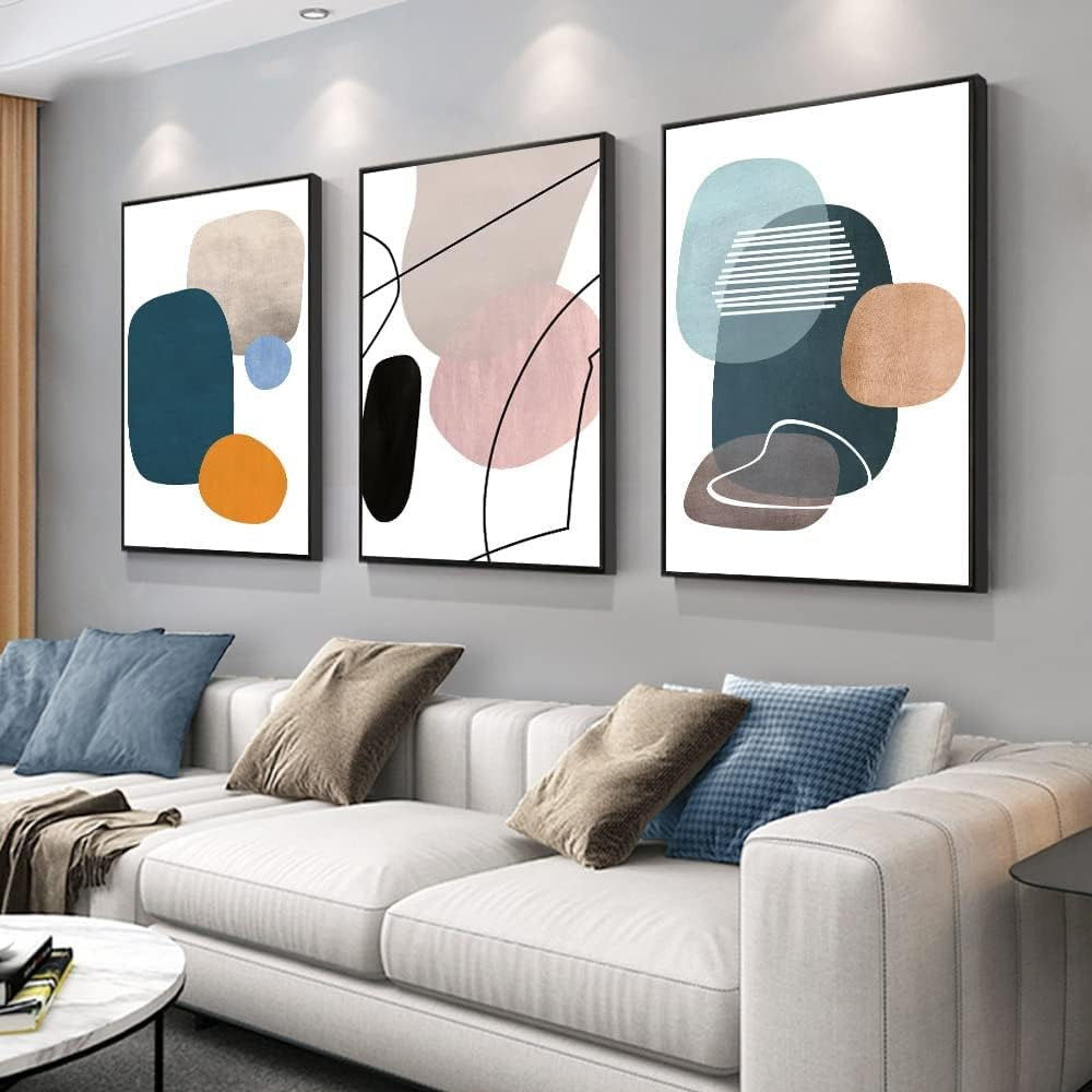 3 Piece Abstract Canvas Wall Art Set Framed Modern Orange Blue Home Decor