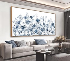 Large Flowers Wall Art Natural Wood Float Framed Indigo Wildflower Canvas 20″