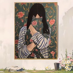 Framed Canvas Hidden Face Woman Stripe Shirt Vintage Floral Background Decor
