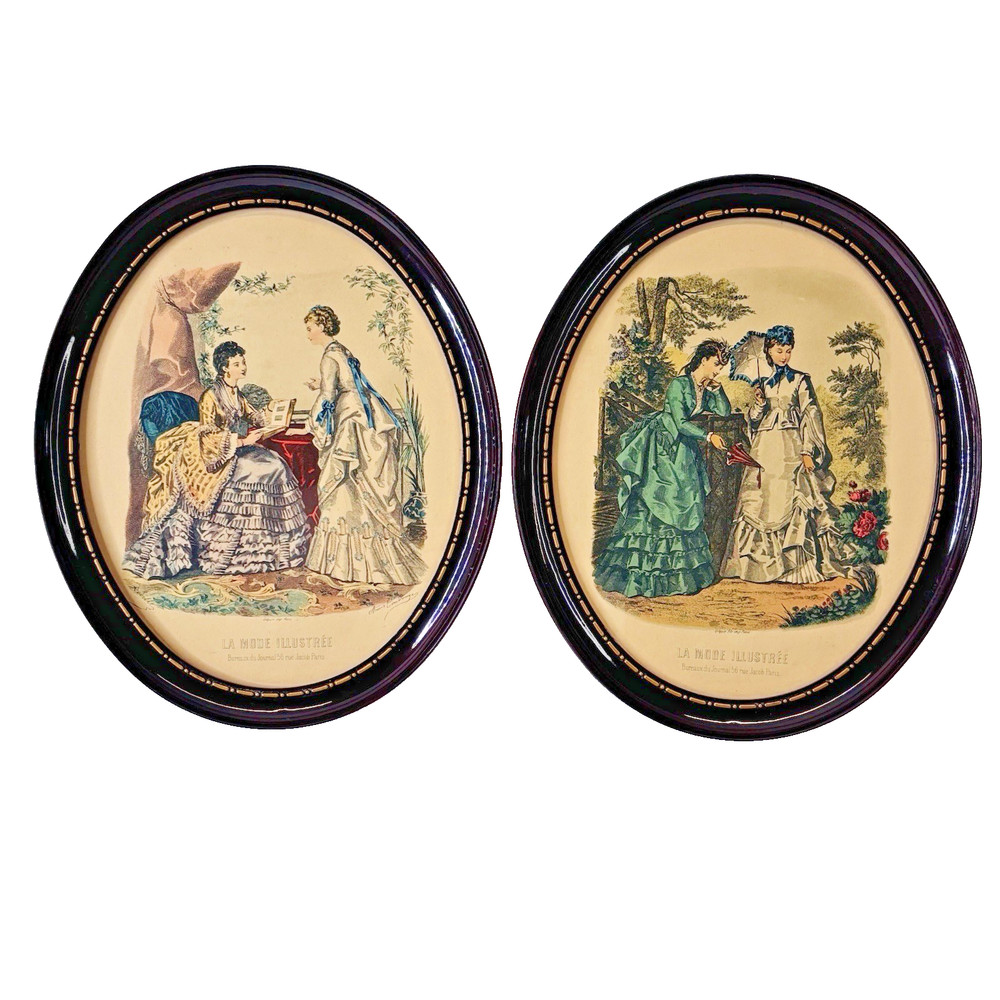 Pair of Vintage La Mode Illustree Prints Oval Plastic Frames Glass Fashion 11″