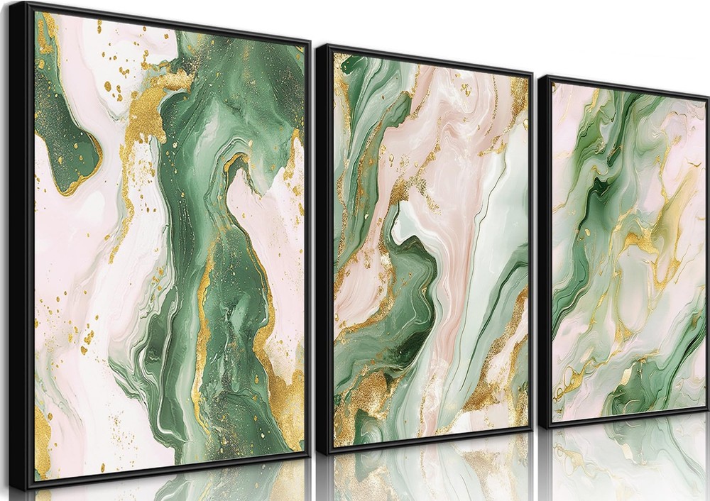 Green and Gold Wall Art Set of 3 Emerald Green and Gold Marble Paintings Pict…